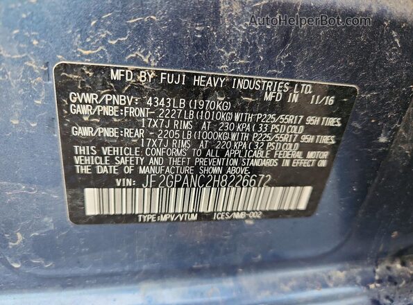 JF2GPANC2H8226672 2017 SUBARU CROSSTREK Blue Vista del compartimento del motor