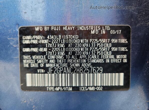 JF2GPANC2H8257629 2017 SUBARU CROSSTREK Blue Vista del compartimento del motor