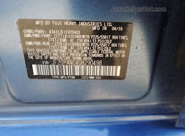 JF2GPANC4GH290498 2016 SUBARU CROSSTREK Blue Vista interior de 360 grados