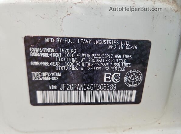 JF2GPANC4GH306389 2016 SUBARU CROSSTREK White Вид наклейки з VIN-кодом
