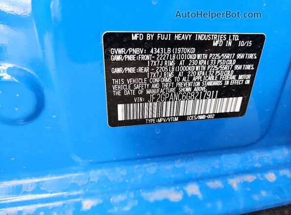 JF2GPANC6G8217911 2016 SUBARU CROSSTREK Синий Вид подкапотного пространства