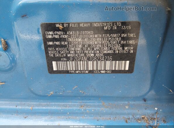 JF2GPANC7G8234216 2016 SUBARU CROSSTREK Blue Widok komory silnika