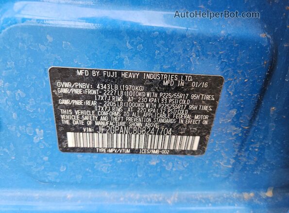 JF2GPANC8G8247704 2016 SUBARU CROSSTREK Blue ძრავის განყოფილების ხედი