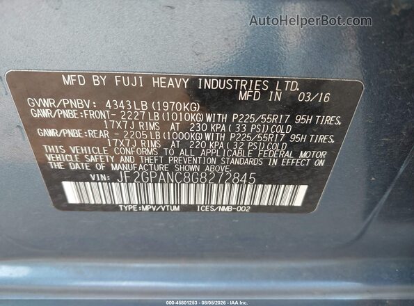 JF2GPANC8G8272845 2016 SUBARU CROSSTREK Синий Вид подкапотного пространства