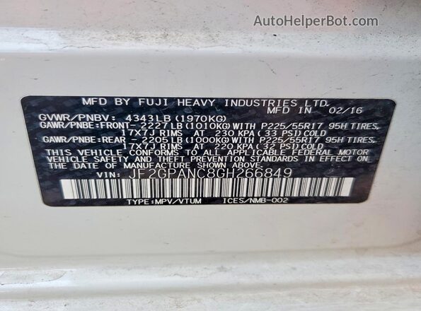 JF2GPANC8GH266849 2016 SUBARU CROSSTREK White ძრავის განყოფილების ხედი