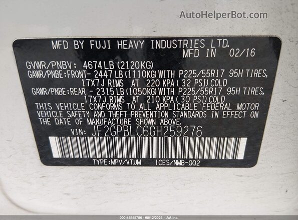 JF2GPBLC6GH259276 2016 SUBARU CROSSTREK HYBRID White ძრავის განყოფილების ხედი