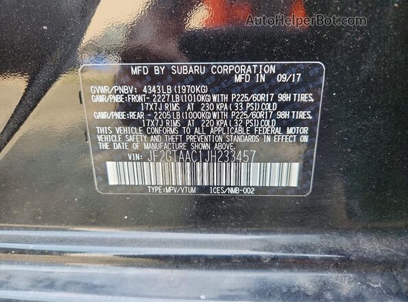 JF2GTAAC1JH233457 2018 SUBARU CROSSTREK Черный Вид наклейки с VIN-кодом