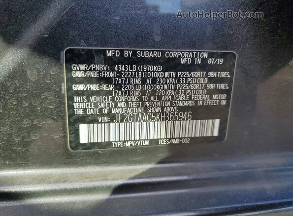 JF2GTAAC5KH365946 2019 SUBARU CROSSTREK Серый Вид наклейки с VIN-кодом