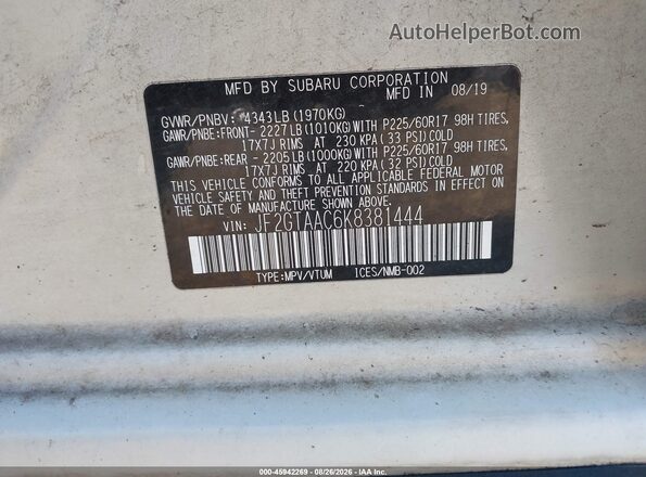 JF2GTAAC6K8381444 2019 SUBARU CROSSTREK Белый Вид подкапотного пространства