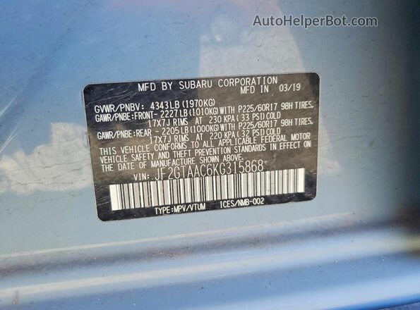 JF2GTAAC6KG315868 2019 SUBARU CROSSTREK Серый Вид наклейки с VIN-кодом
