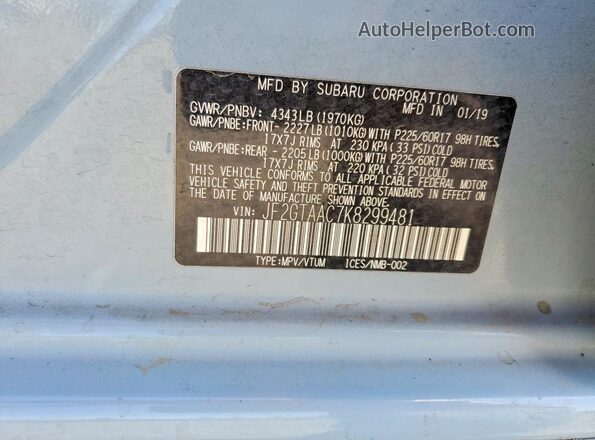JF2GTAAC7K8299481 2019 SUBARU CROSSTREK Gray VIN კოდის სტიკერის ხედი