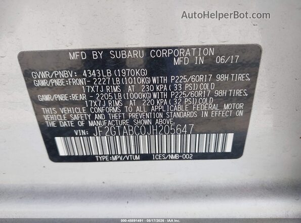 JF2GTABC0JH205647 2018 SUBARU CROSSTREK White Widok komory silnika
