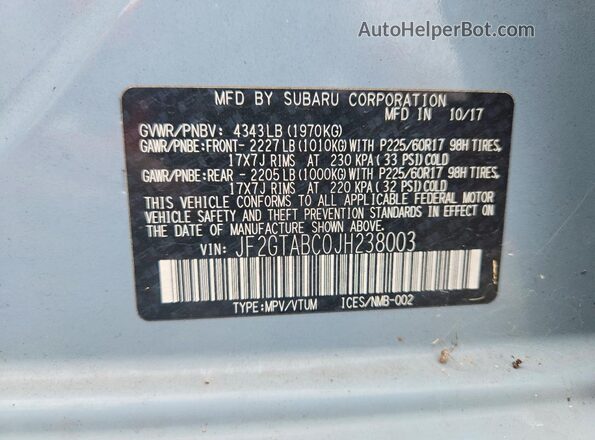 JF2GTABC0JH238003 2018 SUBARU CROSSTREK Blue Engine compartment view