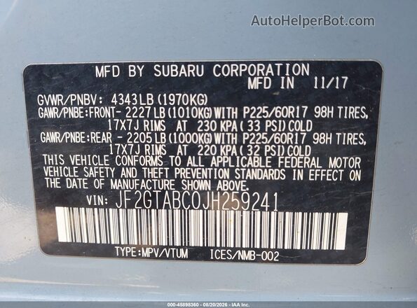 JF2GTABC0JH259241 2018 SUBARU CROSSTREK Light Blue Շարժիչի բաժամունքի տեսք