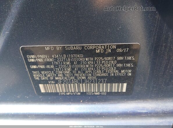 JF2GTABC1JH231237 2018 SUBARU CROSSTREK Blue ძრავის განყოფილების ხედი