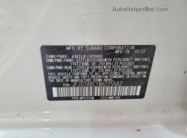 JF2GTABC1NH225542 2022 SUBARU CROSSTREK Белый Панорамный вид салона 360°