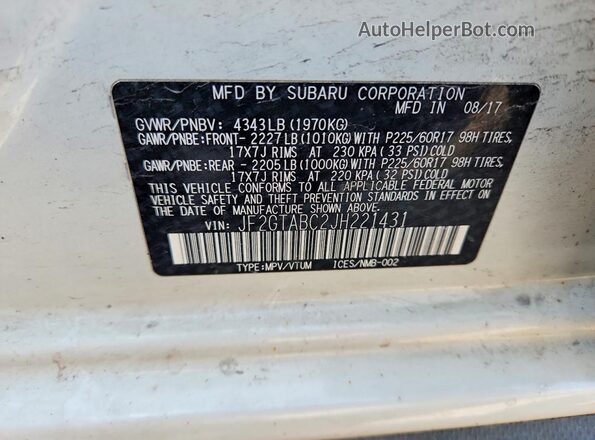 JF2GTABC2JH221431 2018 SUBARU CROSSTREK White Vista de la etiqueta del VIN