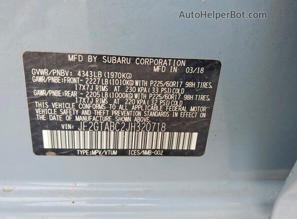 JF2GTABC2JH320718 2018 SUBARU CROSSTREK Синий Вид наклейки с VIN-кодом