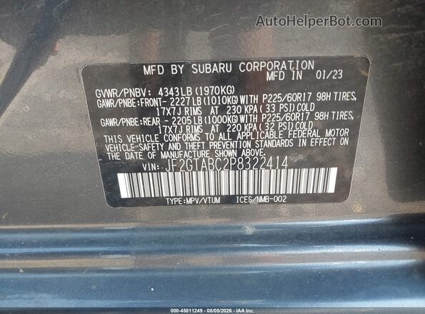 JF2GTABC2P8322414 2023 SUBARU CROSSTREK Серый Вид подкапотного пространства