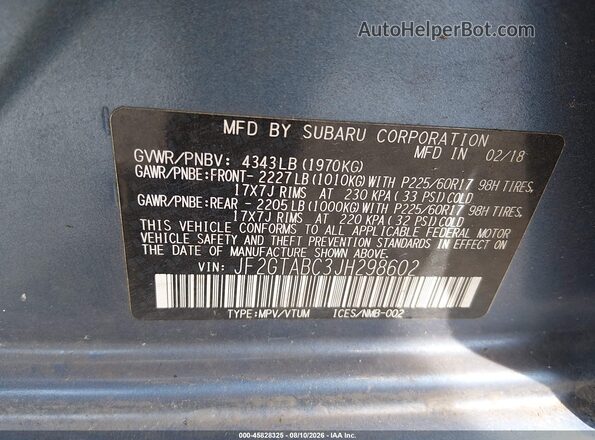 JF2GTABC3JH298602 2018 SUBARU CROSSTREK Синий Вид подкапотного пространства