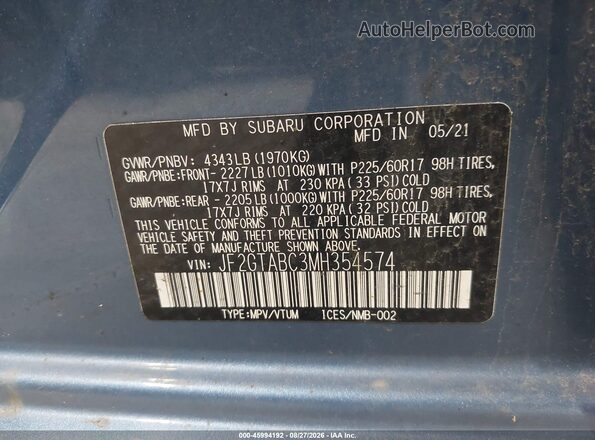 JF2GTABC3MH354574 2021 SUBARU CROSSTREK Синий Вид подкапотного пространства