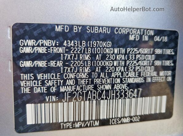 JF2GTABC4JH333647 2018 SUBARU CROSSTREK Серебряный Вид наклейки с VIN-кодом
