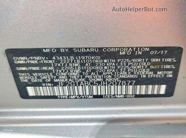 JF2GTABC5JH207877 2018 SUBARU CROSSTREK Silver Vista de la etiqueta del VIN