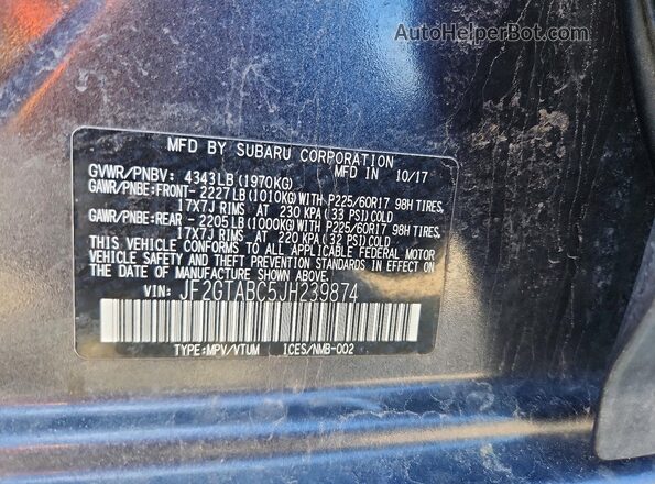 JF2GTABC5JH239874 2018 SUBARU CROSSTREK Gray VIN կոդի պիտակի տեսք