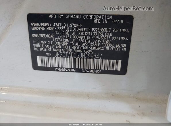 JF2GTABC5JH299847 2018 SUBARU CROSSTREK White Շարժիչի բաժամունքի տեսք