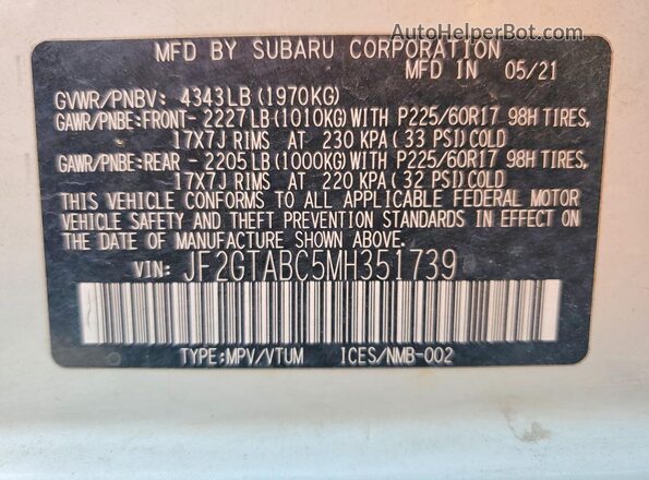 JF2GTABC5MH351739 2021 SUBARU CROSSTREK White Widok naklejki z numerem VIN