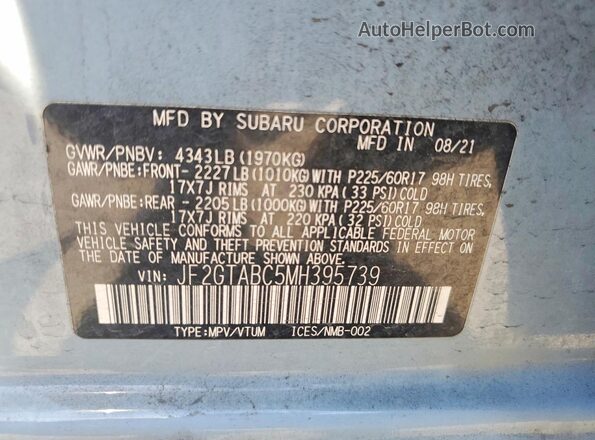 JF2GTABC5MH395739 2021 SUBARU CROSSTREK Синий Панорамный вид салона 360°