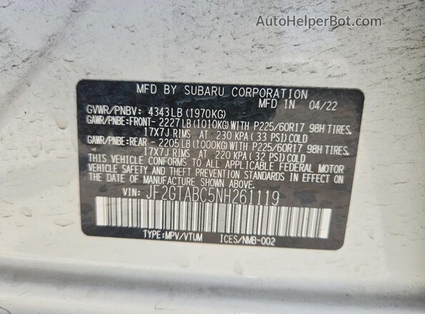 JF2GTABC5NH261119 2022 SUBARU CROSSTREK Белый Вид подкапотного пространства