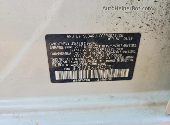 JF2GTABC6JH342303 2018 SUBARU CROSSTREK Белый 