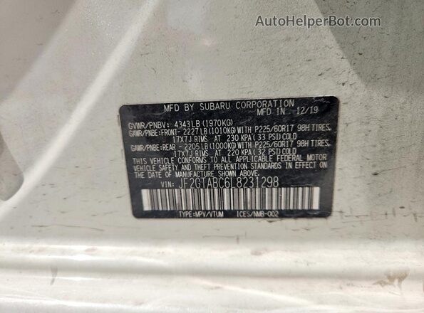 JF2GTABC6L8231298 2020 SUBARU CROSSTREK White VIN կոդի պիտակի տեսք