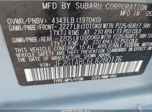 JF2GTABC6L8280176 2020 SUBARU CROSSTREK Light Blue Widok komory silnika