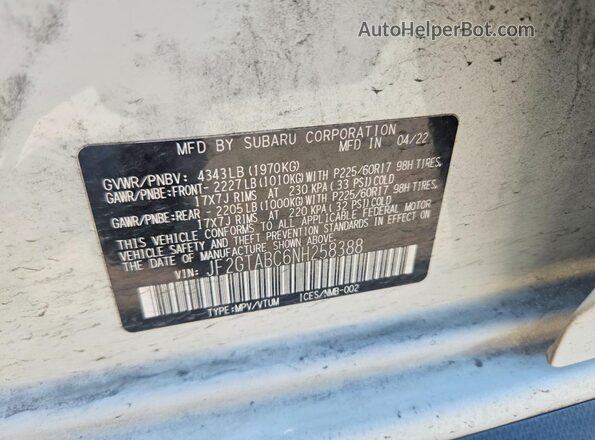 JF2GTABC6NH258388 2022 SUBARU CROSSTREK White VIN კოდის სტიკერის ხედი