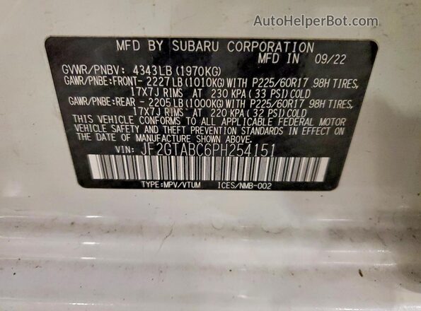 JF2GTABC6PH254151 2023 SUBARU CROSSTREK White VIN კოდის სტიკერის ხედი