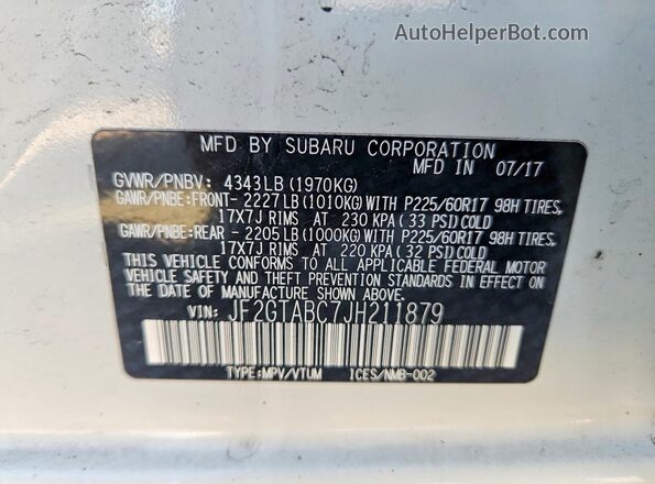 JF2GTABC7JH211879 2018 SUBARU CROSSTREK White VIN კოდის სტიკერის ხედი