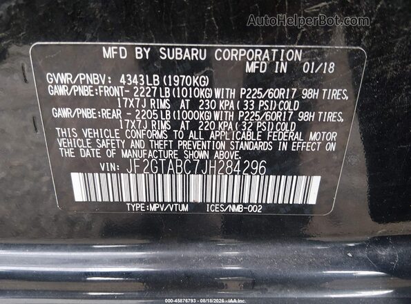 JF2GTABC7JH284296 2018 SUBARU CROSSTREK Black Շարժիչի բաժամունքի տեսք