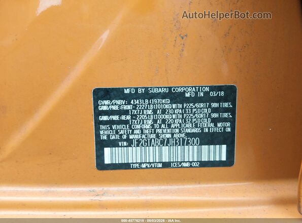 JF2GTABC7JH317300 2018 SUBARU CROSSTREK Оранжевый Вид подкапотного пространства