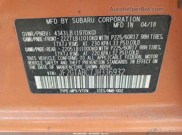 JF2GTABC7JH336932 2018 SUBARU CROSSTREK Orange Vista del compartimento del motor