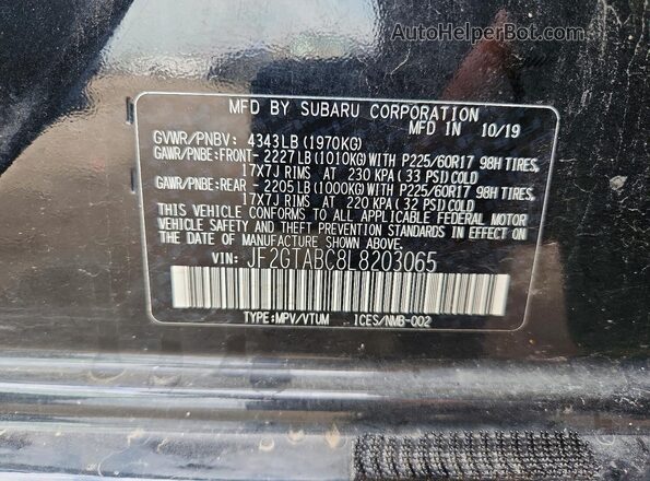 JF2GTABC8L8203065 2020 SUBARU CROSSTREK Черный Вид наклейки с VIN-кодом