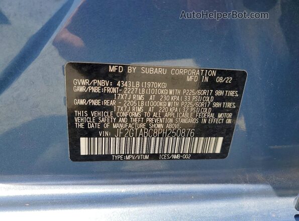 JF2GTABC8PH250876 2023 SUBARU CROSSTREK Blue VIN კოდის სტიკერის ხედი