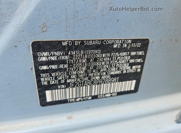 JF2GTABC8PH288981 2023 SUBARU CROSSTREK Gray Widok naklejki z numerem VIN