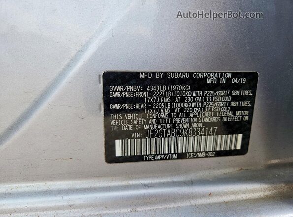 JF2GTABC9K8334147 2019 SUBARU CROSSTREK Серебряный Вид наклейки с VIN-кодом
