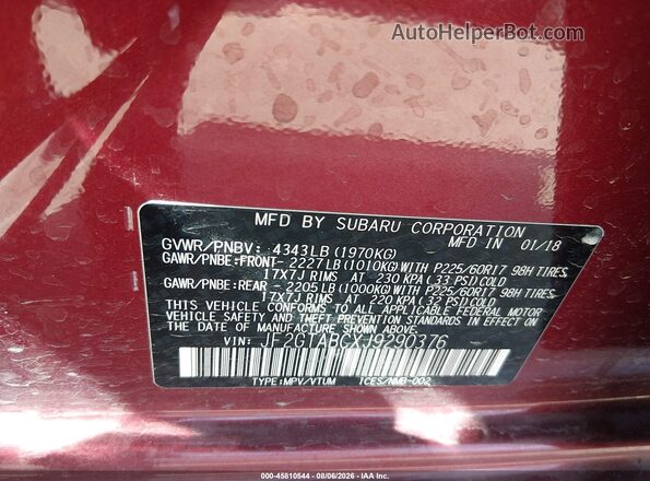 JF2GTABCXJ9290376 2018 SUBARU CROSSTREK Maroon ძრავის განყოფილების ხედი