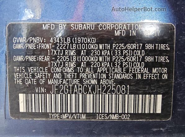 JF2GTABCXJH225081 2018 SUBARU CROSSTREK Blue Շարժիչի բաժամունքի տեսք