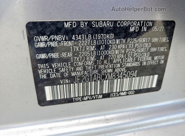 JF2GTABCXM8345094 2021 SUBARU CROSSTREK Серебряный Вид наклейки с VIN-кодом