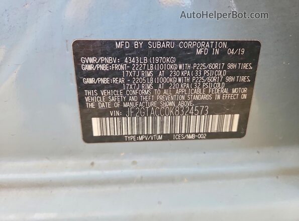 JF2GTACC0K8324573 2019 SUBARU CROSSTREK Gray Widok komory silnika