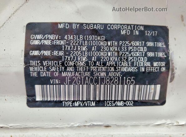 JF2GTACC1J8281165 2018 SUBARU CROSSTREK White Вид підкапотного простору